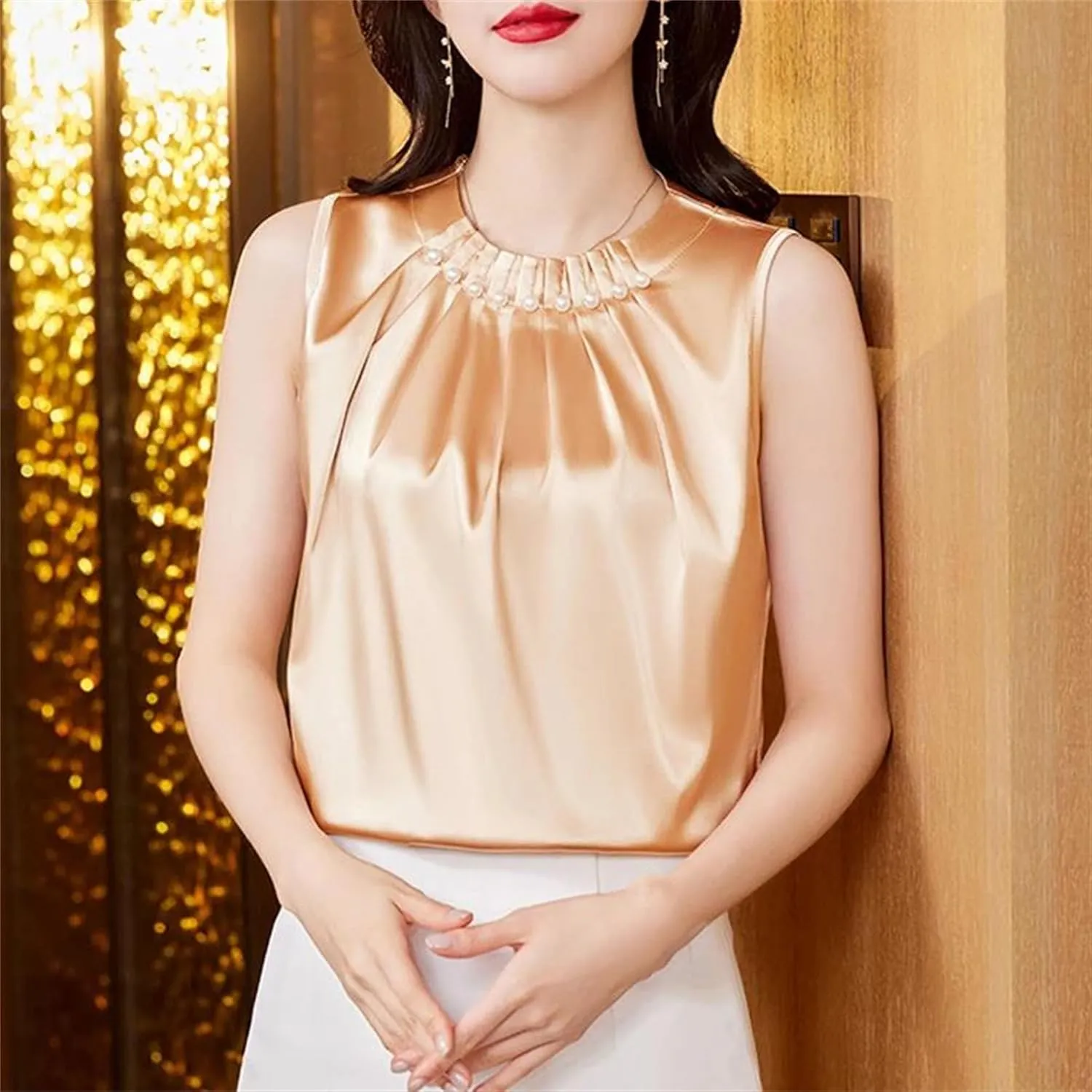 Women's Beaded Satin Pleated Tank Top Lightweight & Breathable Summer Camisole for Work Office Casual Loose Fit Crewneck Vest