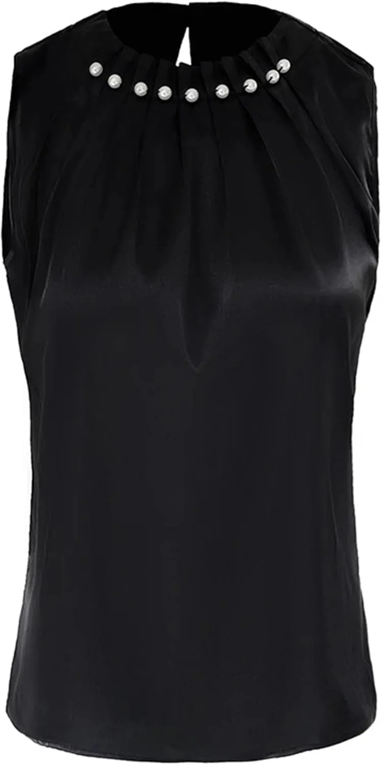 Women's Beaded Satin Pleated Tank Top Lightweight & Breathable Summer Camisole for Work Office Casual Loose Fit Crewneck Vest