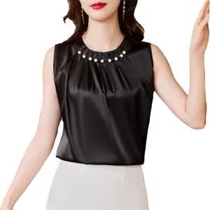 Women's Beaded Satin Pleated Tank Top Lightweight & Breathable Summer Camisole for Work Office Casual Loose Fit Crewneck Vest