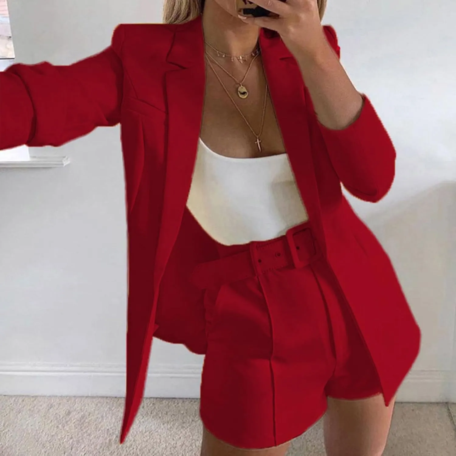 Women's Business Suits with Belt Long Sleeve Blazer Jacket and High Waisted Shorts 2 Pieces Outfits Shorts Set