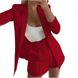 Women's Business Suits with Belt Long Sleeve Blazer Jacket and High Waisted Shorts 2 Pieces Outfits Shorts Set