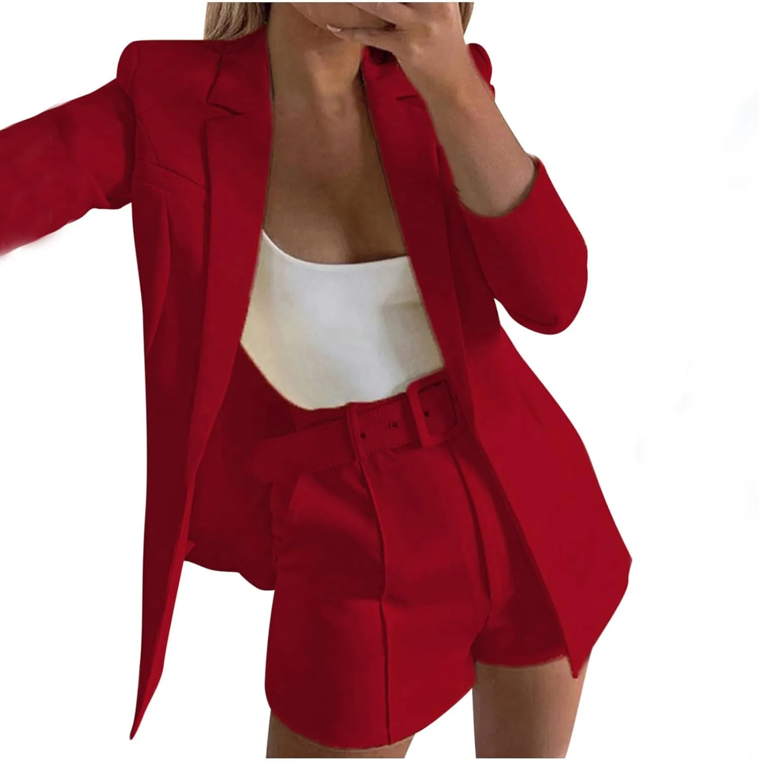 Women's Business Suits with Belt Long Sleeve Blazer Jacket and High Waisted Shorts 2 Pieces Outfits Shorts Set