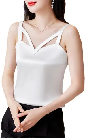 Women's Camisole Shirt Spring and Summer Silk Satin Vest Sleeveless Hollow Top