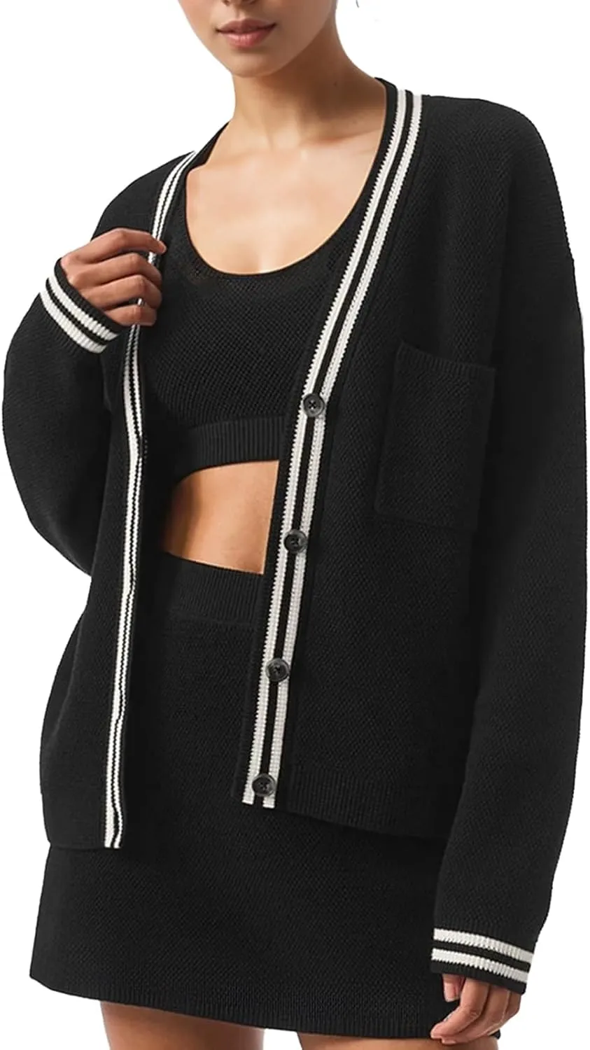Women's Cardigan Sweaters Oversized Color Blocked V Neck Button Down Open Front Knit Long Sleeve Lightweight Jackets