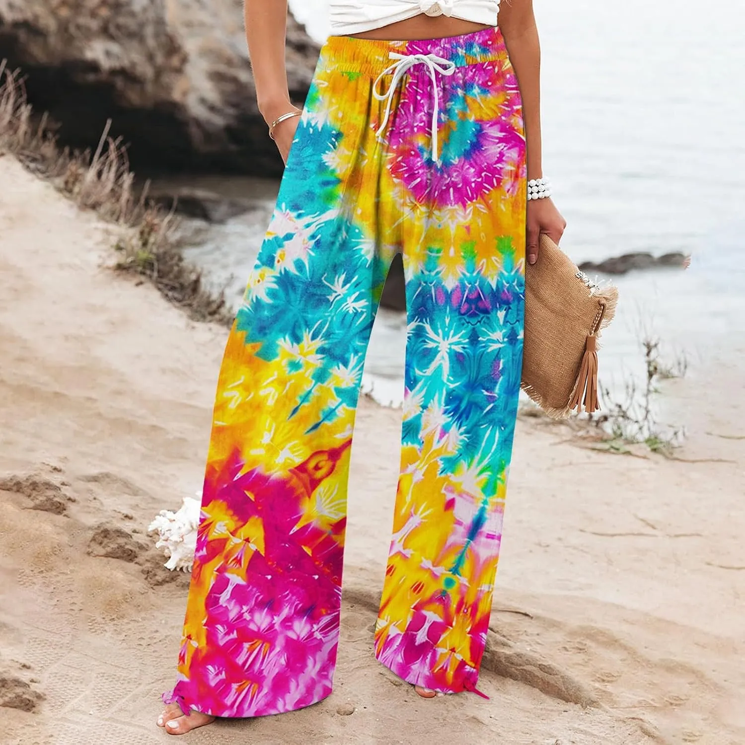 Womens Casual Boho Floral Cotton Linen Pants 2025 Elastic Waist Drawstring Summer Beach Baggy Trousers with Pockets