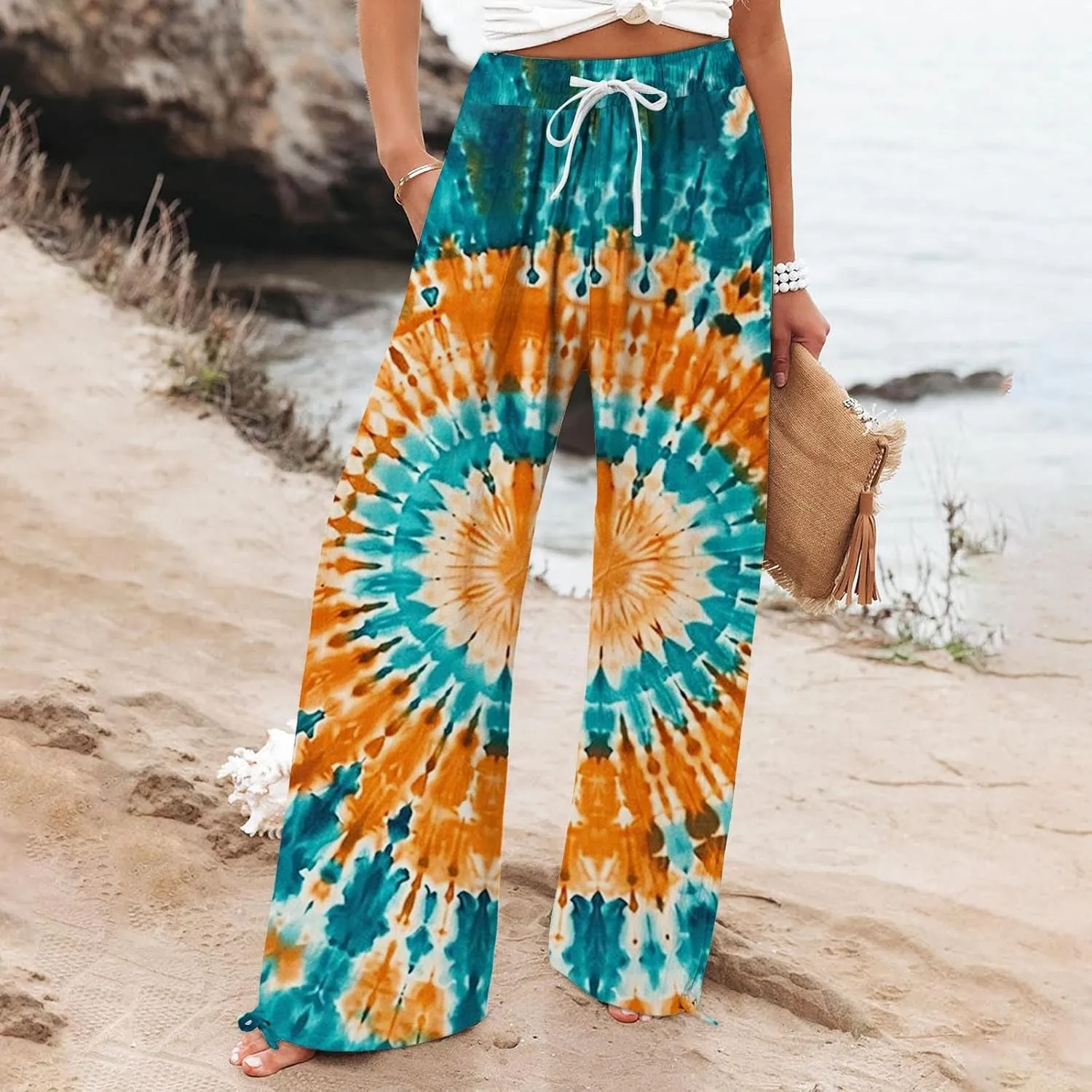 Womens Casual Boho Floral Cotton Linen Pants 2025 Elastic Waist Drawstring Summer Beach Baggy Trousers with Pockets