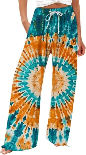 Womens Casual Boho Floral Cotton Linen Pants 2025 Elastic Waist Drawstring Summer Beach Baggy Trousers with Pockets