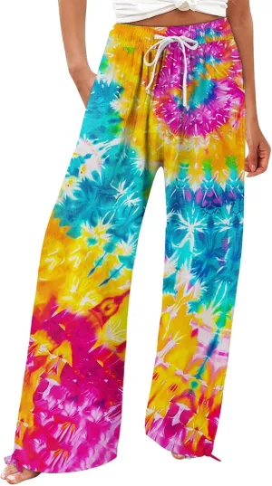 Womens Casual Boho Floral Cotton Linen Pants 2025 Elastic Waist Drawstring Summer Beach Baggy Trousers with Pockets