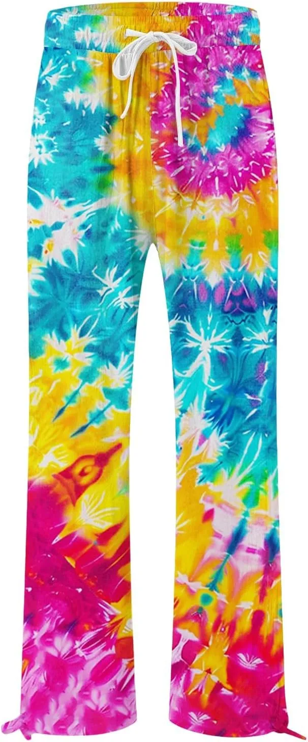 Womens Casual Boho Floral Cotton Linen Pants 2025 Elastic Waist Drawstring Summer Beach Baggy Trousers with Pockets