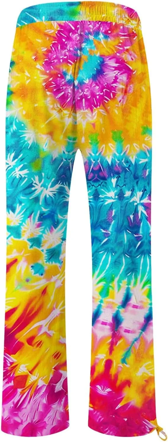 Womens Casual Boho Floral Cotton Linen Pants 2025 Elastic Waist Drawstring Summer Beach Baggy Trousers with Pockets