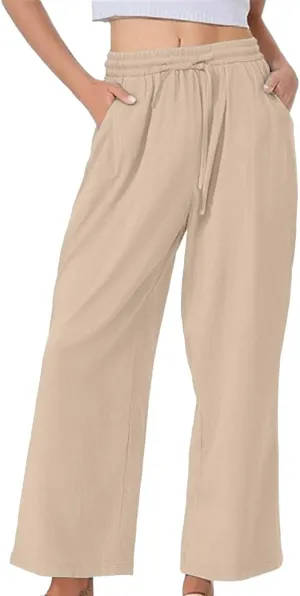Womens Casual Cotton Linen Pants 2025 Drawstring Elastic Waist Solid Plus Size Lounge Long Trousers with Pockets