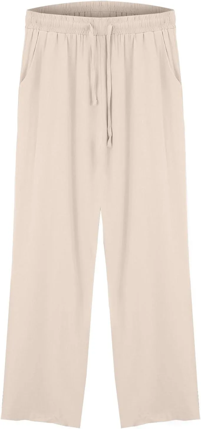 Womens Casual Cotton Linen Pants 2025 Drawstring Elastic Waist Solid Plus Size Lounge Long Trousers with Pockets
