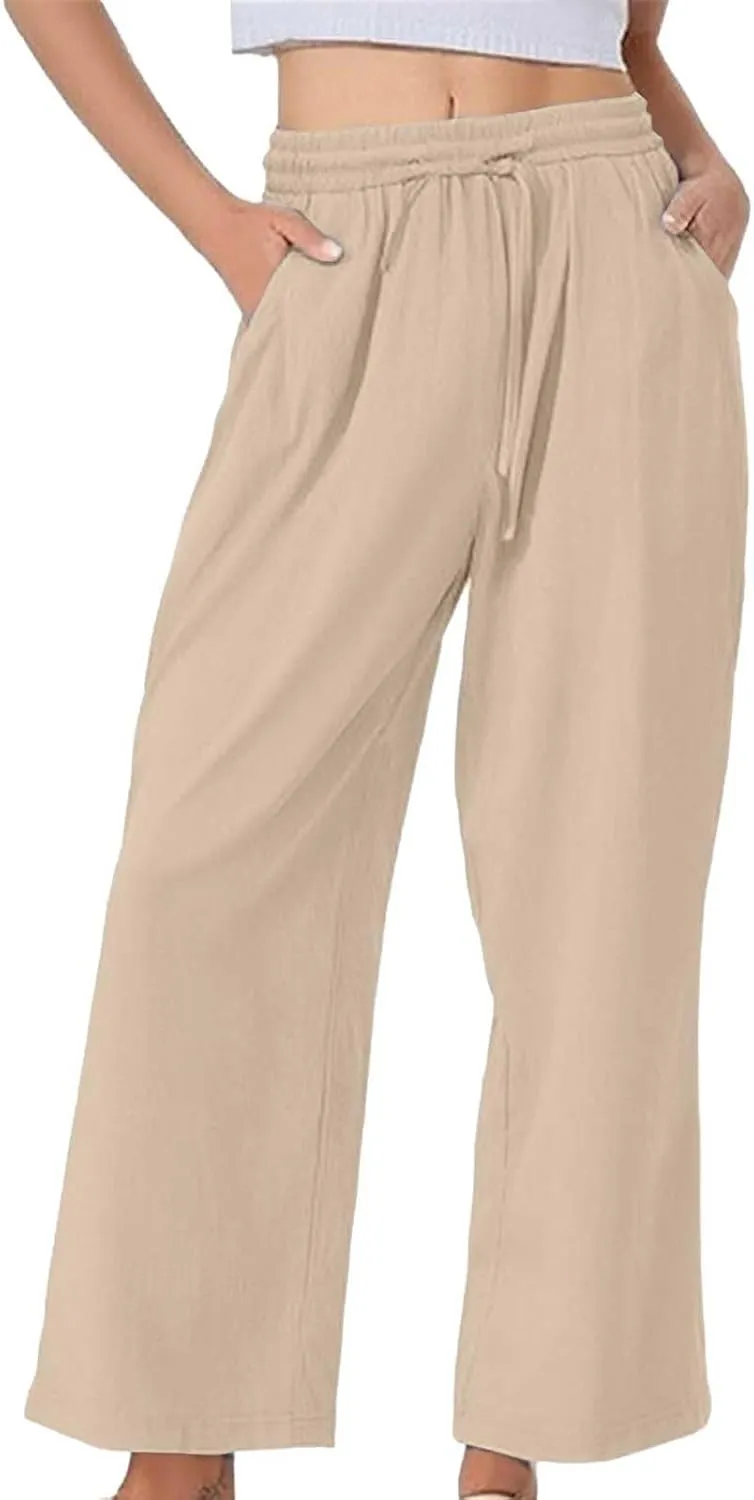 Womens Casual Cotton Linen Pants 2025 Drawstring Elastic Waist Solid Plus Size Lounge Long Trousers with Pockets