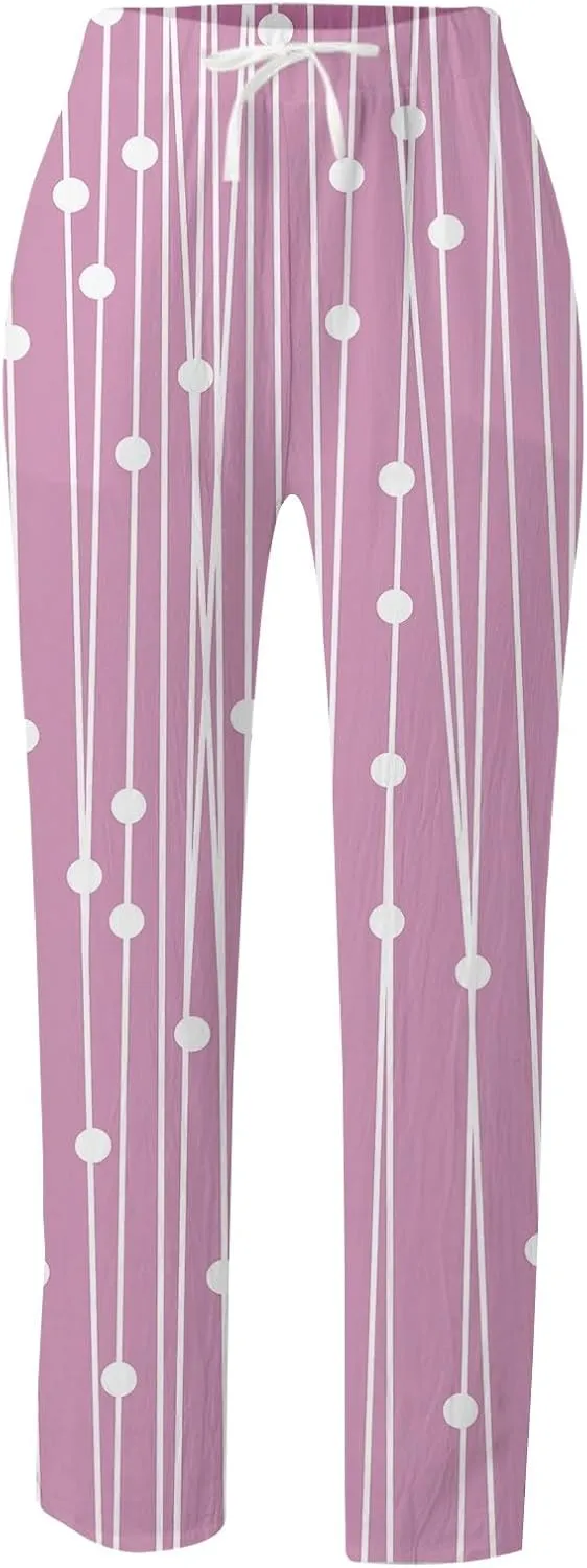 Womens Casual Cotton Linen Pants Drawstring Elastic Waist Lounge Pants Dot Printed Loose Fit Summer Beach Trousers
