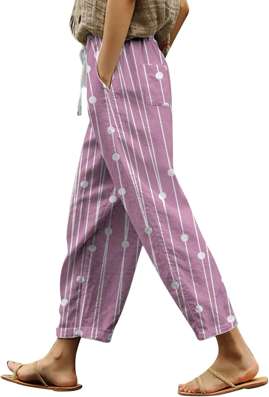 Womens Casual Cotton Linen Pants Drawstring Elastic Waist Lounge Pants Dot Printed Loose Fit Summer Beach Trousers