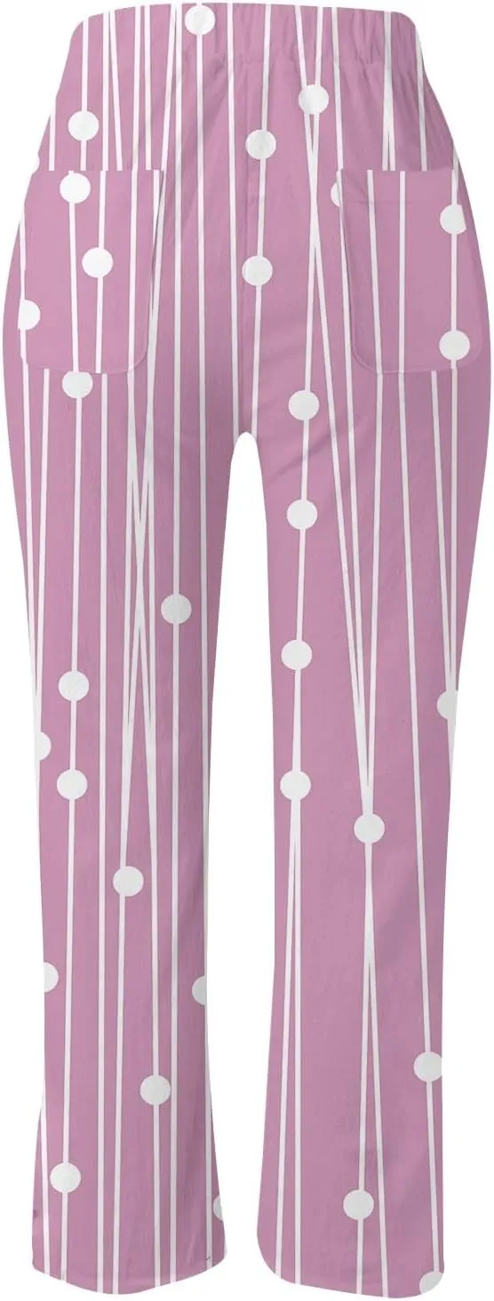 Womens Casual Cotton Linen Pants Drawstring Elastic Waist Lounge Pants Dot Printed Loose Fit Summer Beach Trousers
