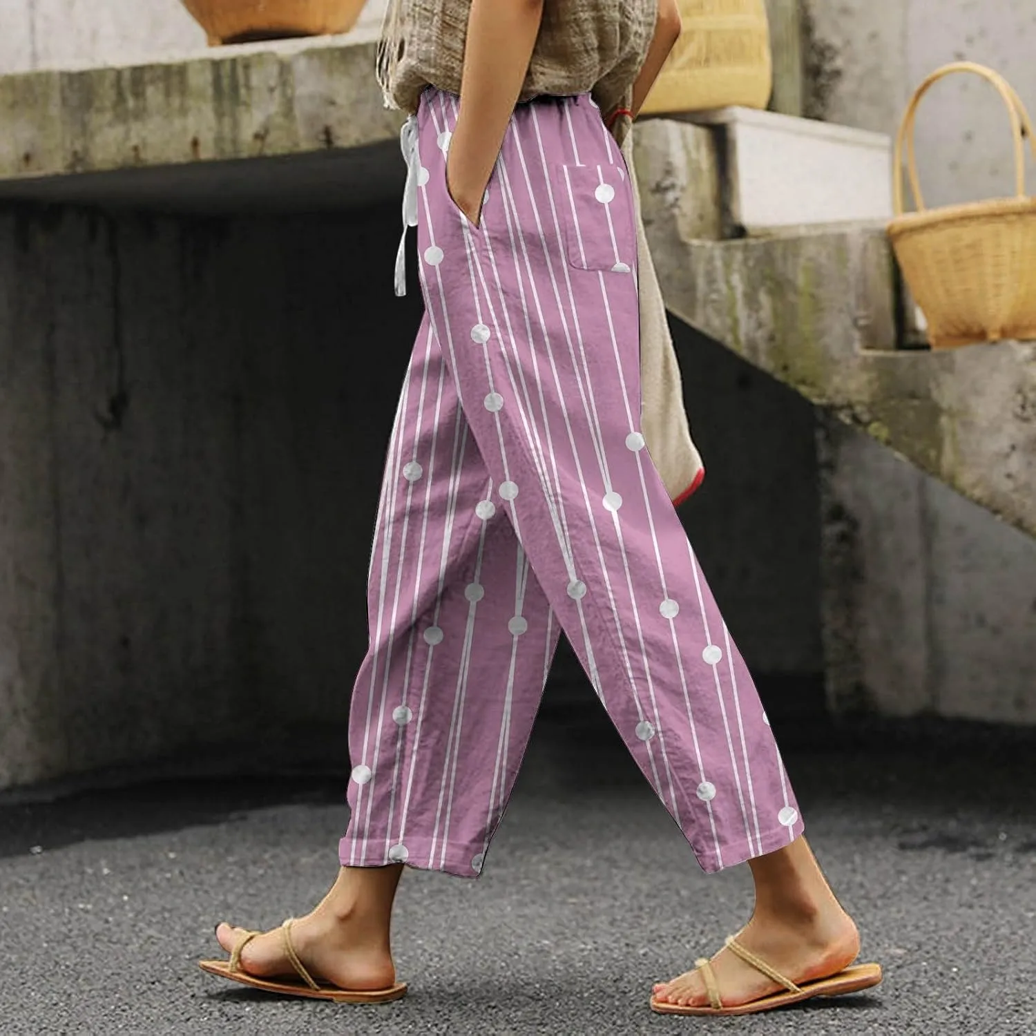 Womens Casual Cotton Linen Pants Drawstring Elastic Waist Lounge Pants Dot Printed Loose Fit Summer Beach Trousers