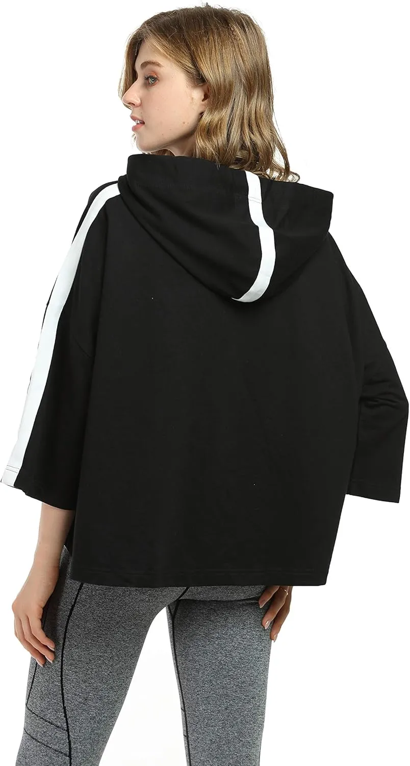 Womens Casual Cropped Hoodie, 3/4 Sleeve Loose Pullover Sweatshirt Crop Top