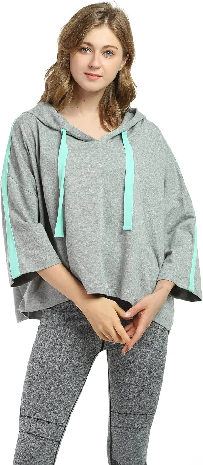 Womens Casual Cropped Hoodie, 3/4 Sleeve Loose Pullover Sweatshirt Crop Top