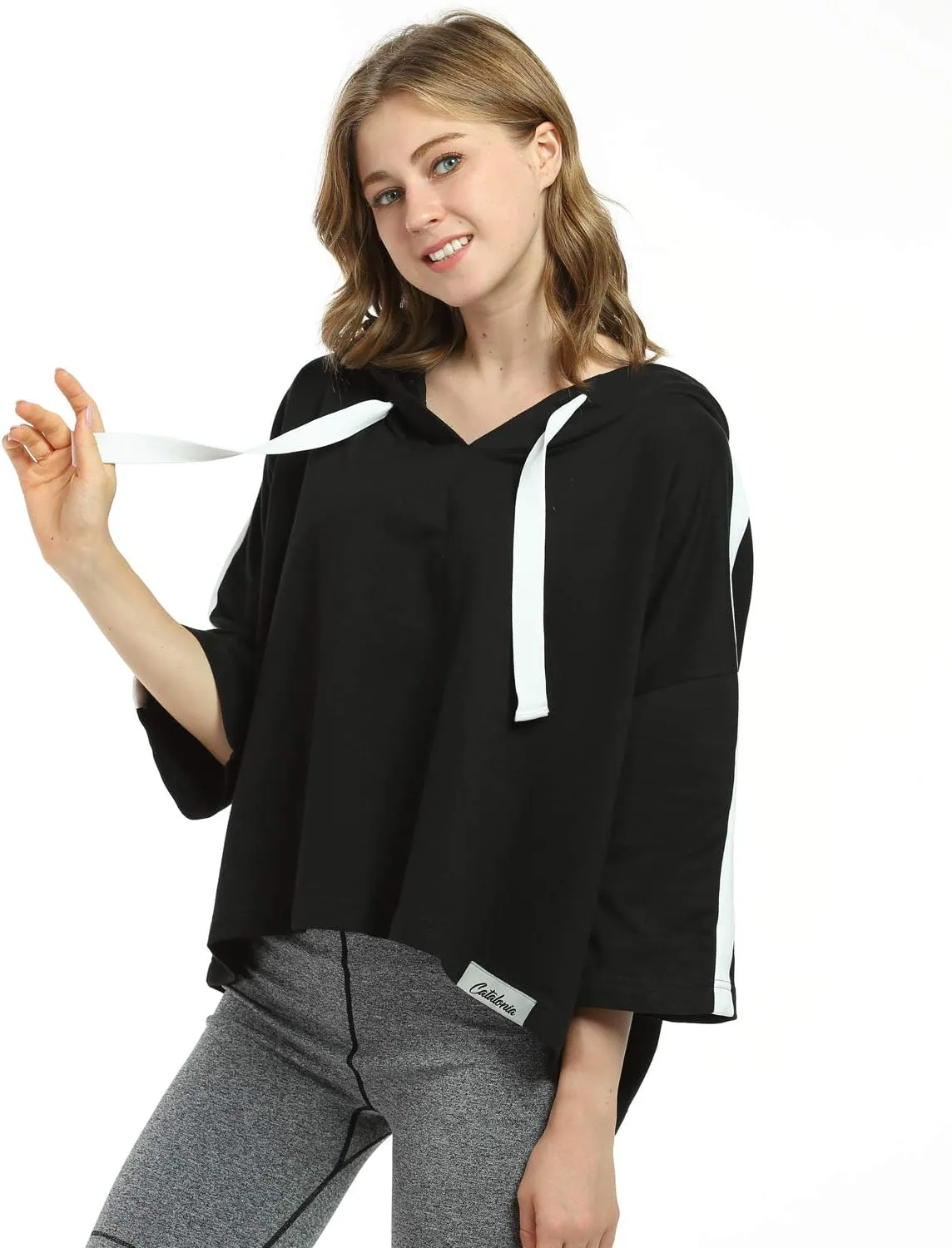 Womens Casual Cropped Hoodie, 3/4 Sleeve Loose Pullover Sweatshirt Crop Top