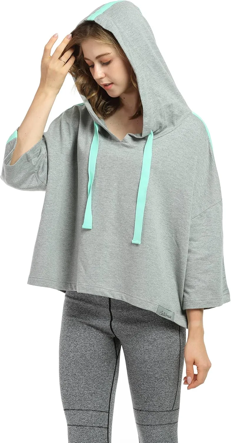 Womens Casual Cropped Hoodie, 3/4 Sleeve Loose Pullover Sweatshirt Crop Top