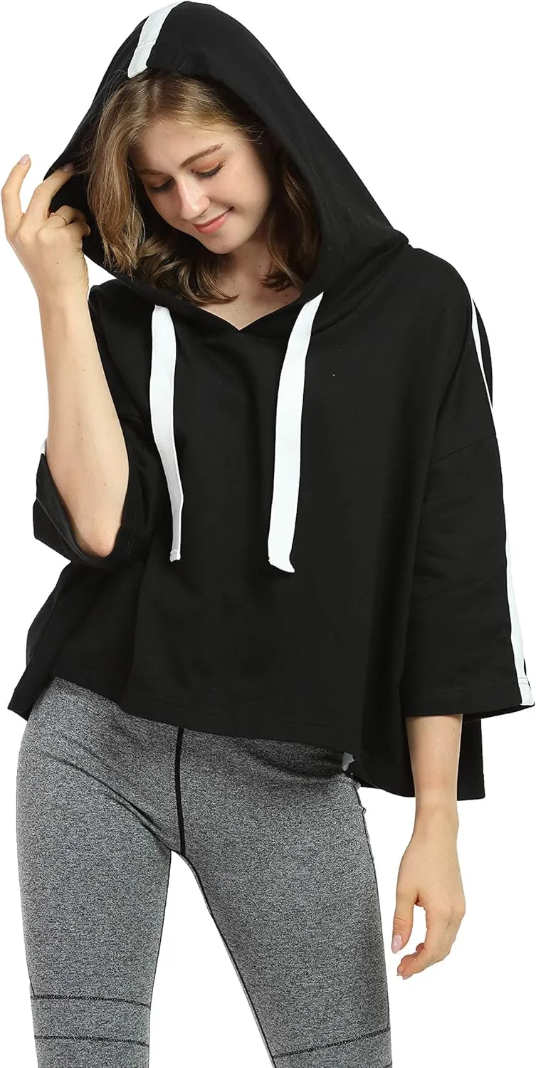 Womens Casual Cropped Hoodie, 3/4 Sleeve Loose Pullover Sweatshirt Crop Top