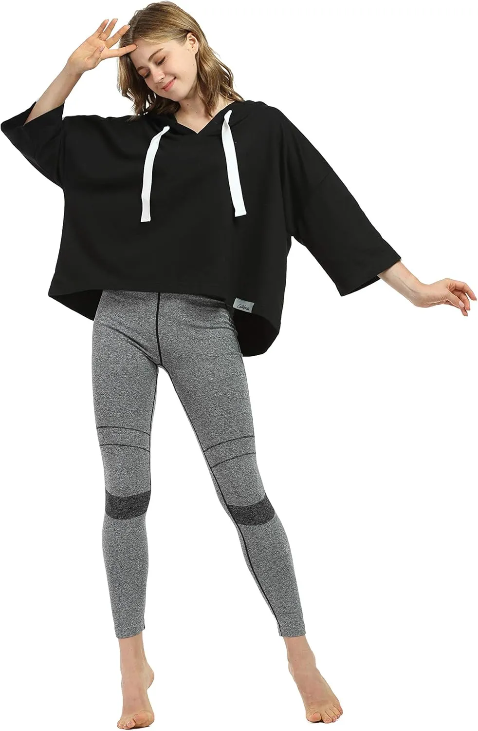 Womens Casual Cropped Hoodie, 3/4 Sleeve Loose Pullover Sweatshirt Crop Top
