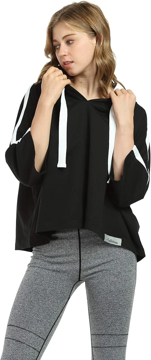 Womens Casual Cropped Hoodie, 3/4 Sleeve Loose Pullover Sweatshirt Crop Top