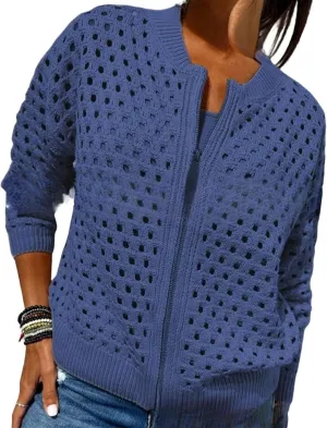 Women's Casual Hollow Knitwear Zipper Jacket, Crochet Fishnet Knit Shawl Sweater Jacket Lightweight Cardigan Sweater