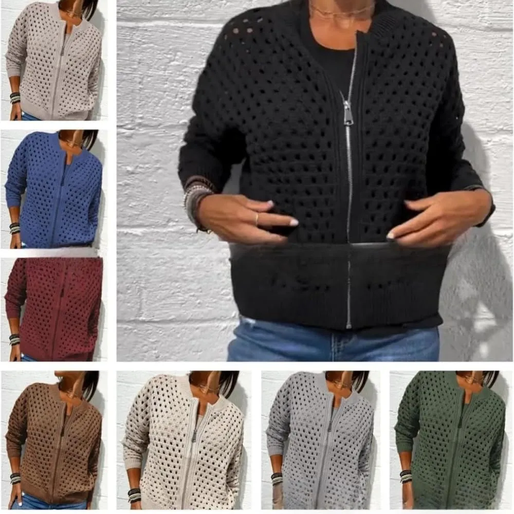 Women's Casual Hollow Knitwear Zipper Jacket, Crochet Fishnet Knit Shawl Sweater Jacket Lightweight Cardigan Sweater