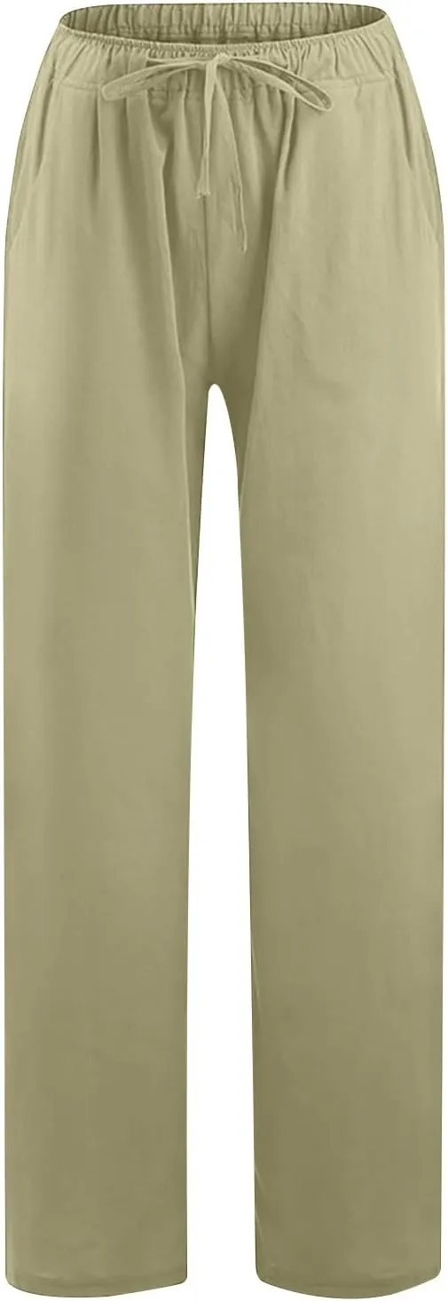 Womens Casual Linen Pants Loose Fit High Waist Boho Palazzo Beach Pants Wide Leg Cropped Elastic Waist Baggy Pants