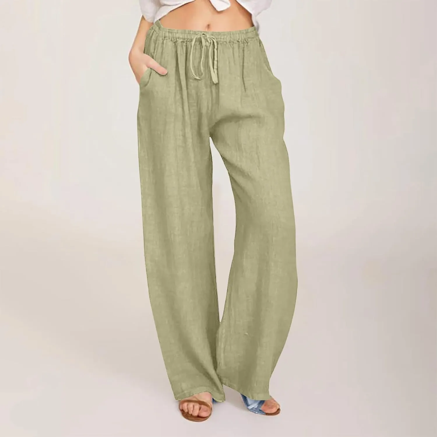Womens Casual Linen Pants Loose Fit High Waist Boho Palazzo Beach Pants Wide Leg Cropped Elastic Waist Baggy Pants