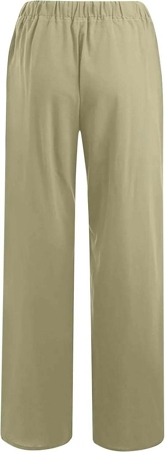 Womens Casual Linen Pants Loose Fit High Waist Boho Palazzo Beach Pants Wide Leg Cropped Elastic Waist Baggy Pants