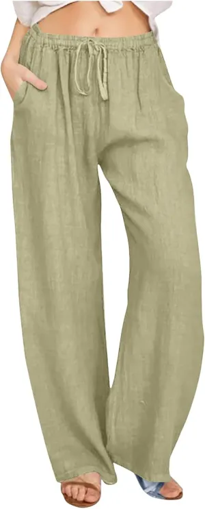 Womens Casual Linen Pants Loose Fit High Waist Boho Palazzo Beach Pants Wide Leg Cropped Elastic Waist Baggy Pants