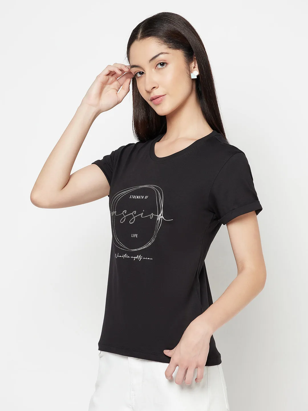 Women's Casual Regular Short Sleeve Black Round neck Graphic Print T-Shirt