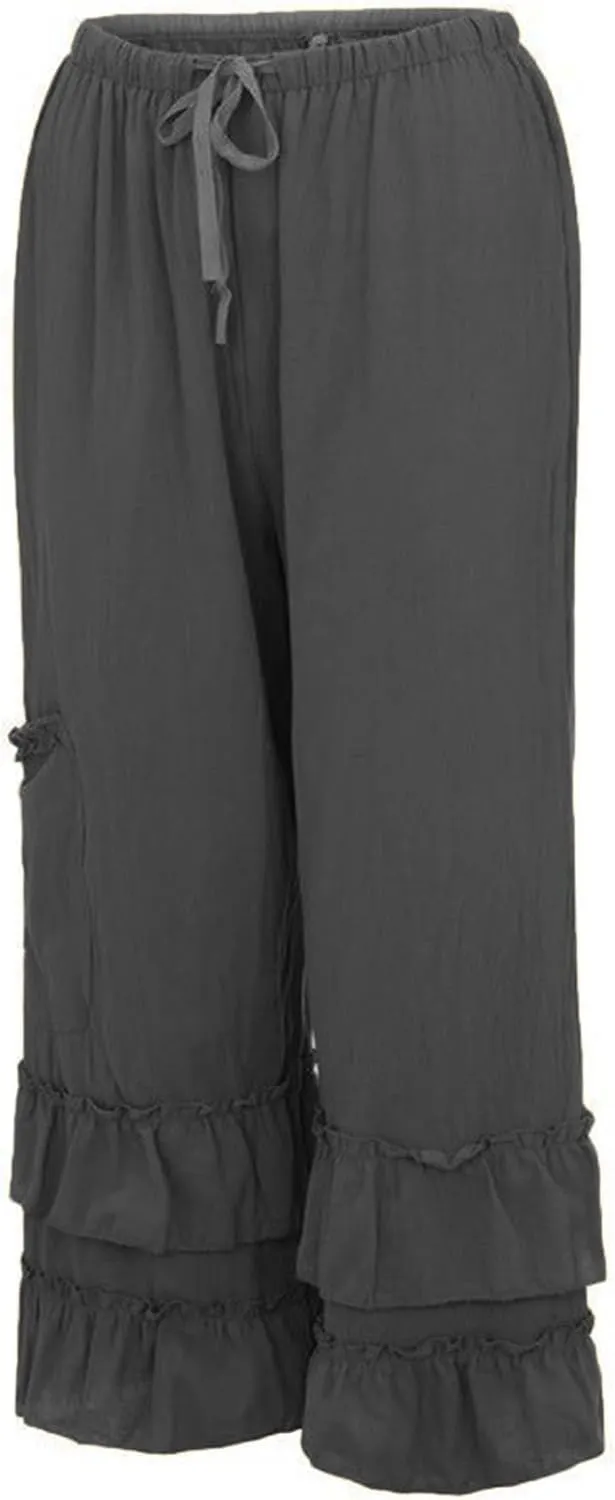 Womens Casual Ruffled Loose Pocket Pants Plus Size Cotton Linen Folds Pants Wide Leg Solid Color Hem Elastic Waisted Trousers