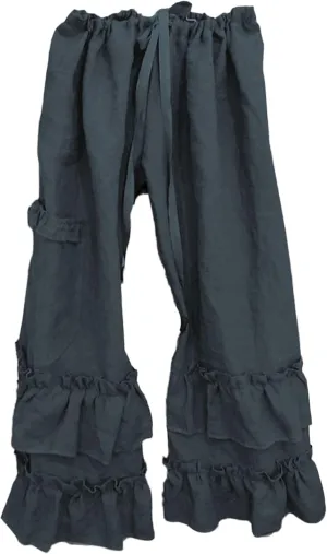 Womens Casual Ruffled Loose Pocket Pants Plus Size Cotton Linen Folds Pants Wide Leg Solid Color Hem Elastic Waisted Trousers