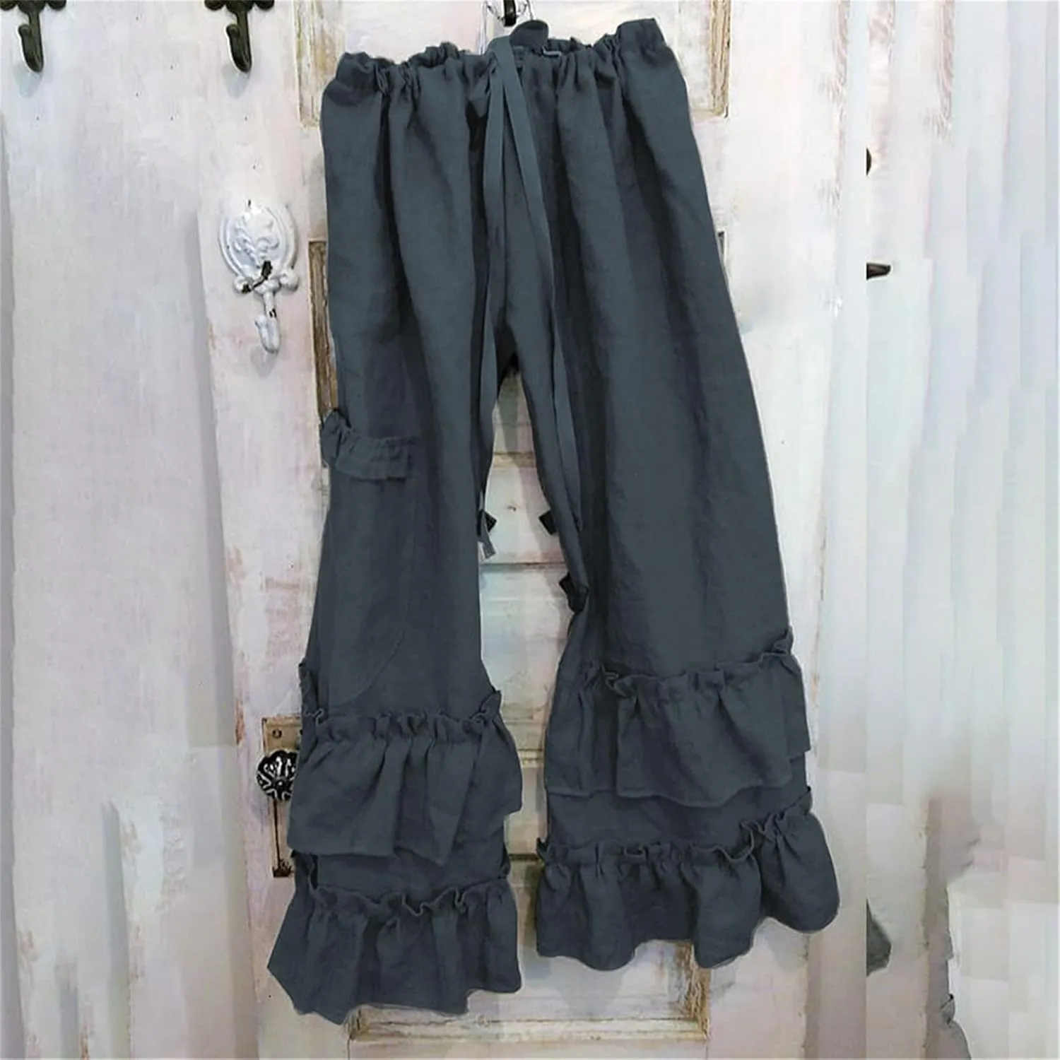 Womens Casual Ruffled Loose Pocket Pants Plus Size Cotton Linen Folds Pants Wide Leg Solid Color Hem Elastic Waisted Trousers