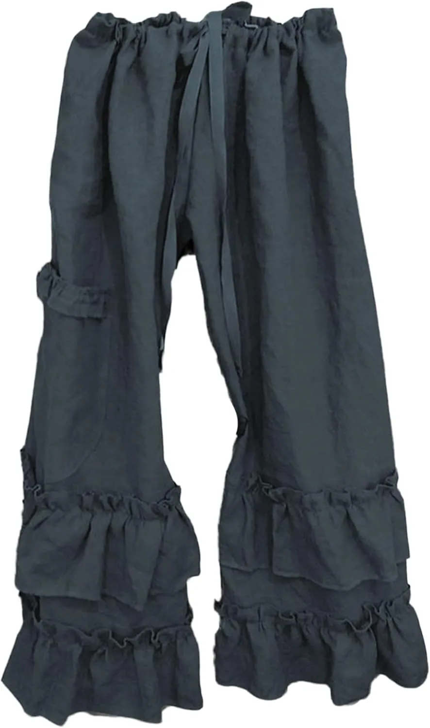 Womens Casual Ruffled Loose Pocket Pants Plus Size Cotton Linen Folds Pants Wide Leg Solid Color Hem Elastic Waisted Trousers