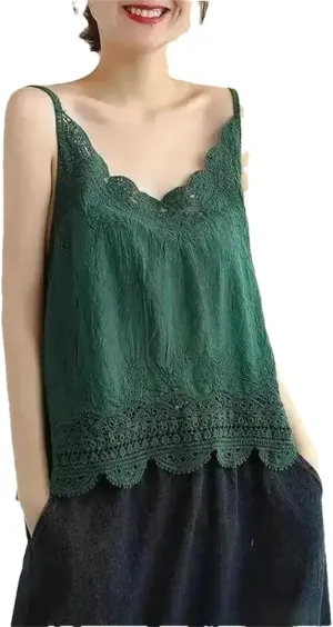 Women's Cotton and Linen Camisole lace Vest top Summer Casual Short Vest