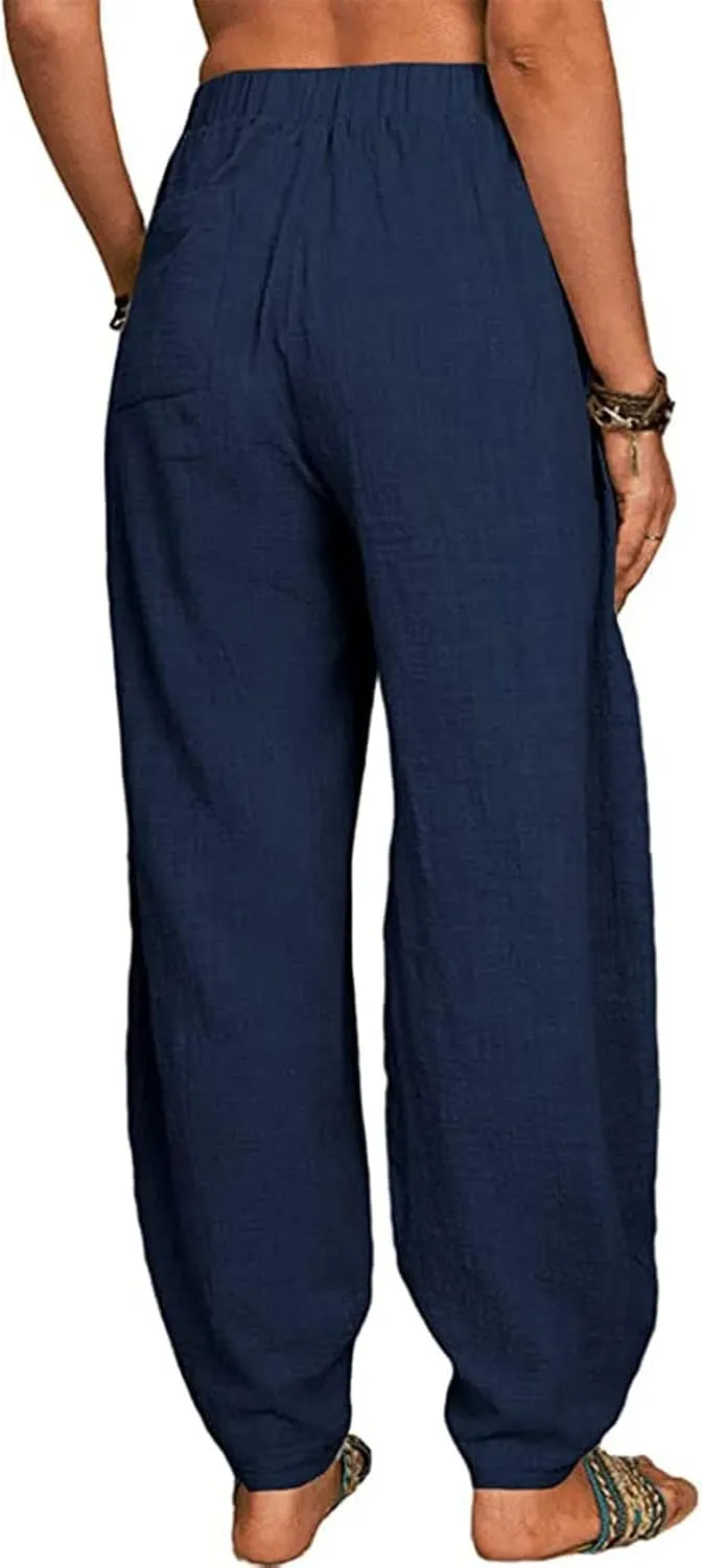 Women's Cotton Linen Harem Pants Casual Loose Fit High Waisted Pants Trousers Summer Outfits 2025 Trendy with Pockets