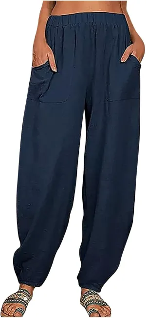 Women's Cotton Linen Harem Pants Casual Loose Fit High Waisted Pants Trousers Summer Outfits 2025 Trendy with Pockets