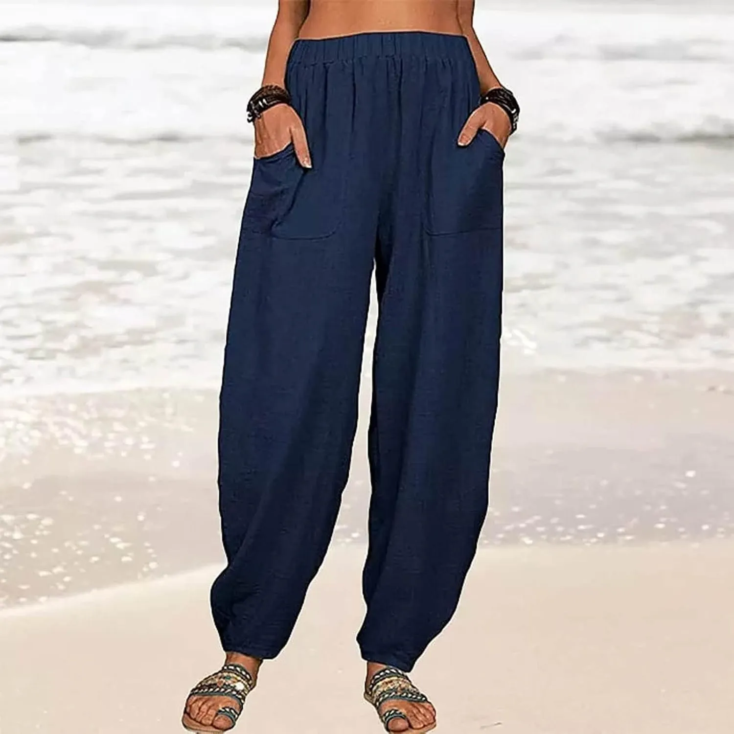 Women's Cotton Linen Harem Pants Casual Loose Fit High Waisted Pants Trousers Summer Outfits 2025 Trendy with Pockets