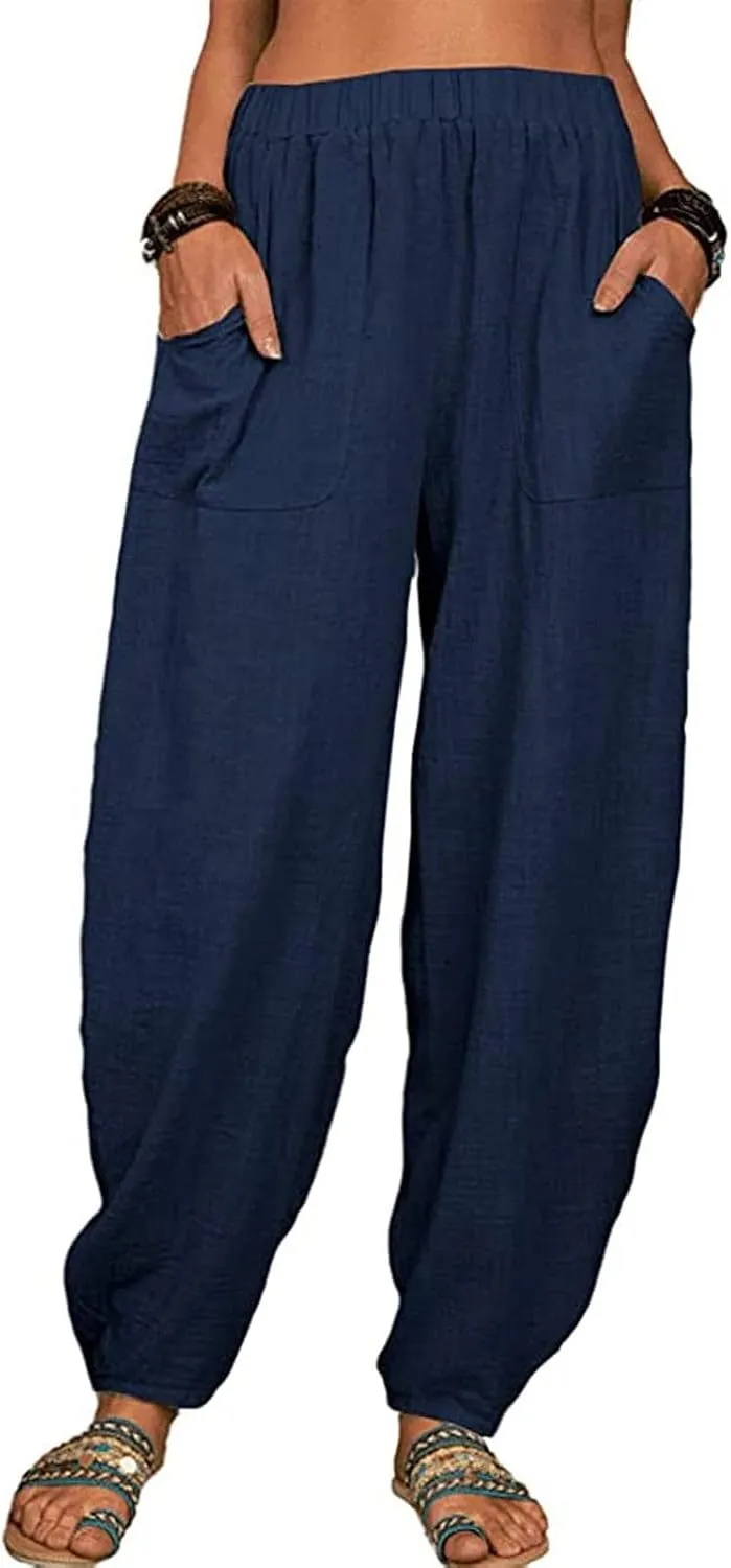 Women's Cotton Linen Harem Pants Casual Loose Fit High Waisted Pants Trousers Summer Outfits 2025 Trendy with Pockets
