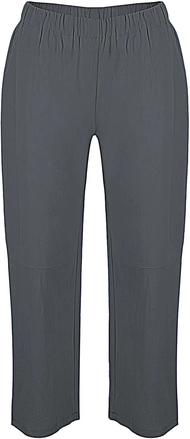 Womens Cotton Linen Harem Pants Solid Color Wide Leg Elastic Waist Casual Loose Cropped Trousers Summer Outdoor Hiking Pants