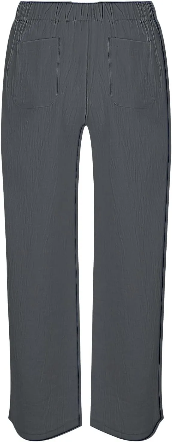 Womens Cotton Linen Harem Pants Solid Color Wide Leg Elastic Waist Casual Loose Cropped Trousers Summer Outdoor Hiking Pants