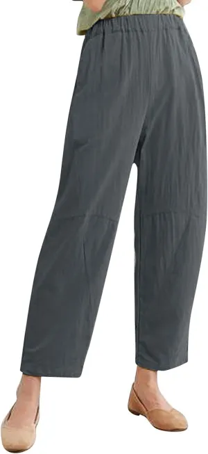 Womens Cotton Linen Harem Pants Solid Color Wide Leg Elastic Waist Casual Loose Cropped Trousers Summer Outdoor Hiking Pants