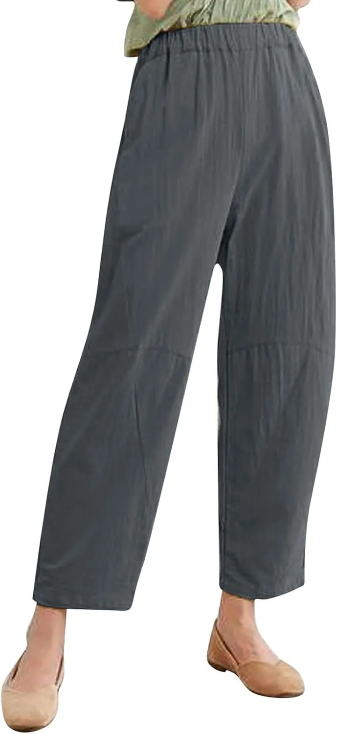 Womens Cotton Linen Harem Pants Solid Color Wide Leg Elastic Waist Casual Loose Cropped Trousers Summer Outdoor Hiking Pants