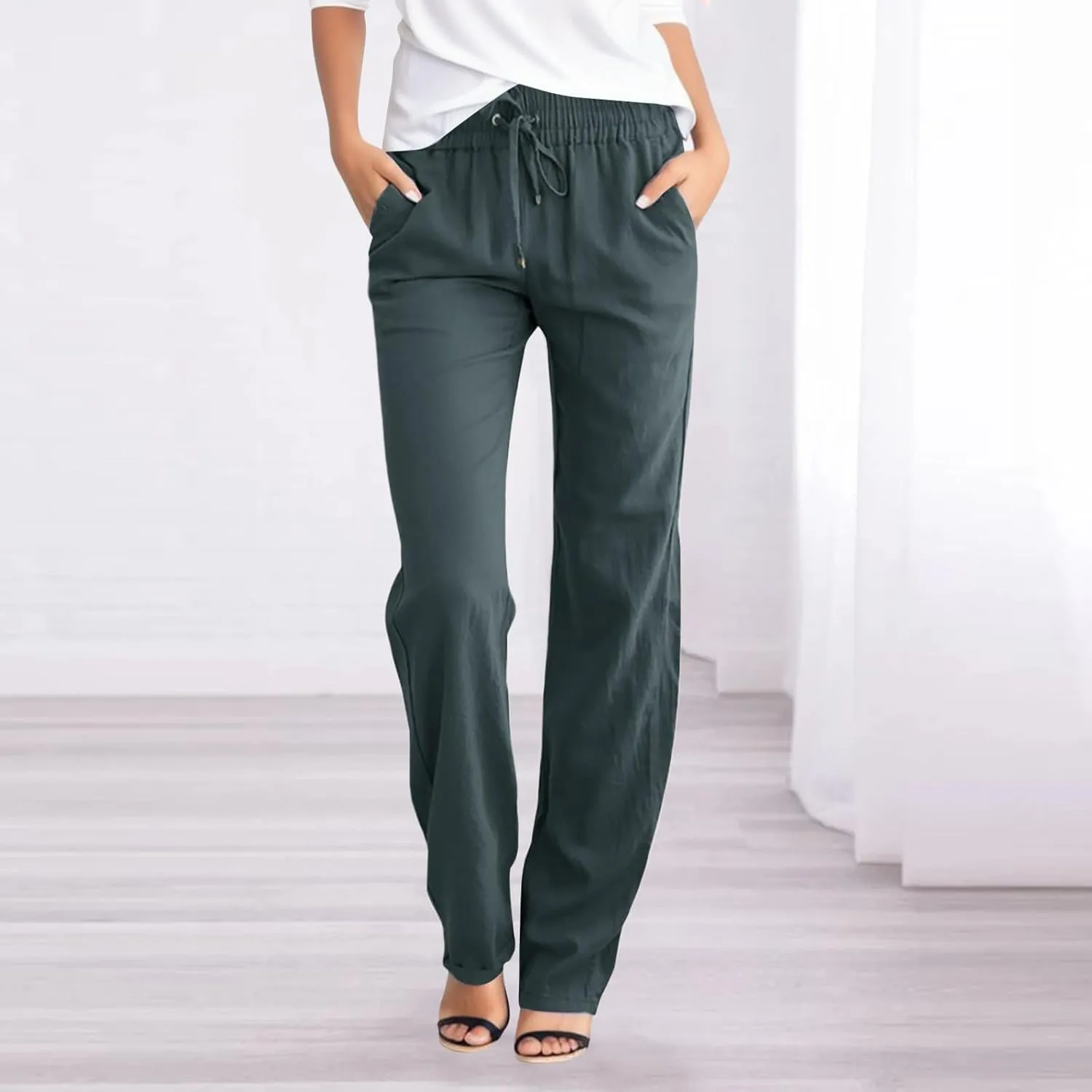 Womens Cotton Linen Palazzo Pants Casual Loose High Waist Straight Leg Lounge Pants Trousers Summer Beach Travel Vacation