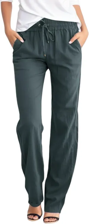Womens Cotton Linen Palazzo Pants Casual Loose High Waist Straight Leg Lounge Pants Trousers Summer Beach Travel Vacation
